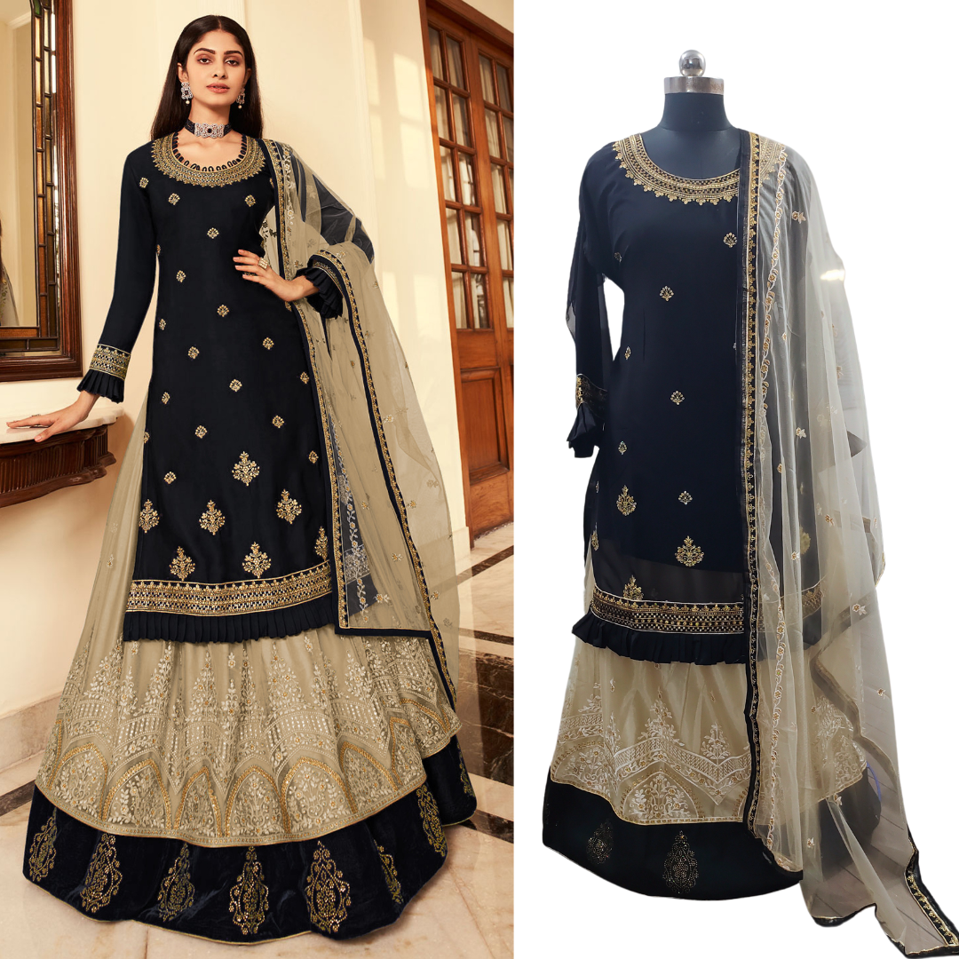 Pakistani Style Black  Satin Georgette Fabric Salwar Kameez Suits Indian Style Lehenga Dupatta Dresses