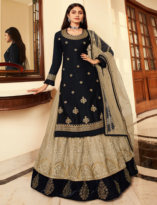 Pakistani Style Black  Satin Georgette Fabric Salwar Kameez Suits Indian Style Lehenga Dupatta Dresses