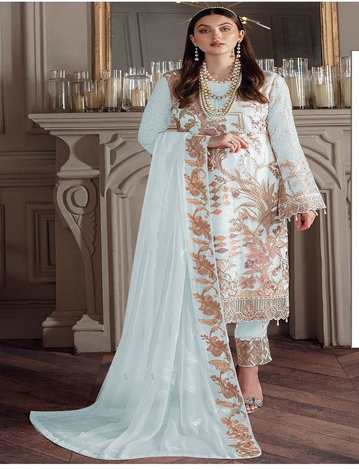 Sky Blue Muslim Woman's Fancy Georgette With Sequine Embroidery work Pakistani salwar kameez Suit