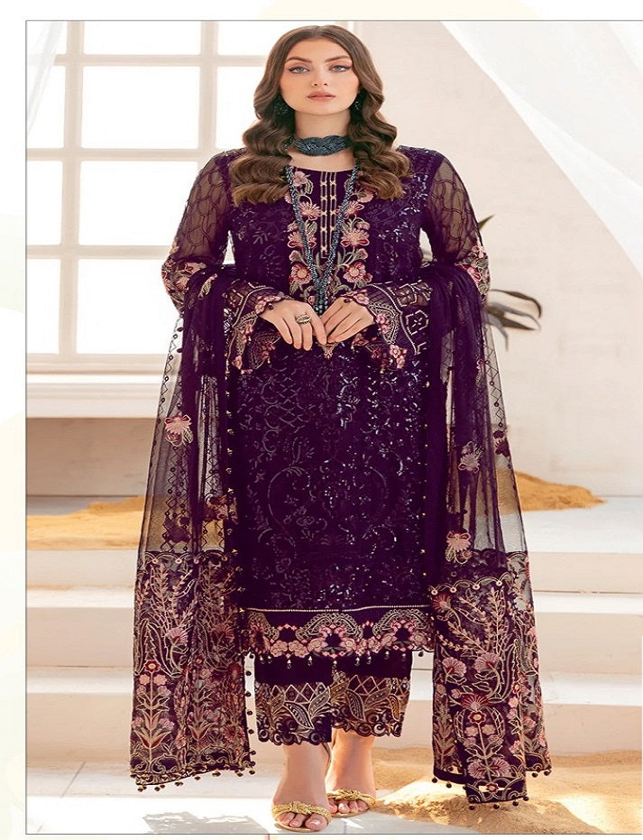 Women Wine Desinger Georgette Embroidered Work Semi stitched Traditional Pakistani suit