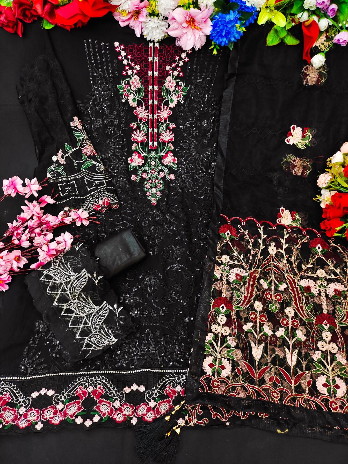 Women Black  Desinger Georgette Embroidered Work Semi stitched Traditional Pakistani suit