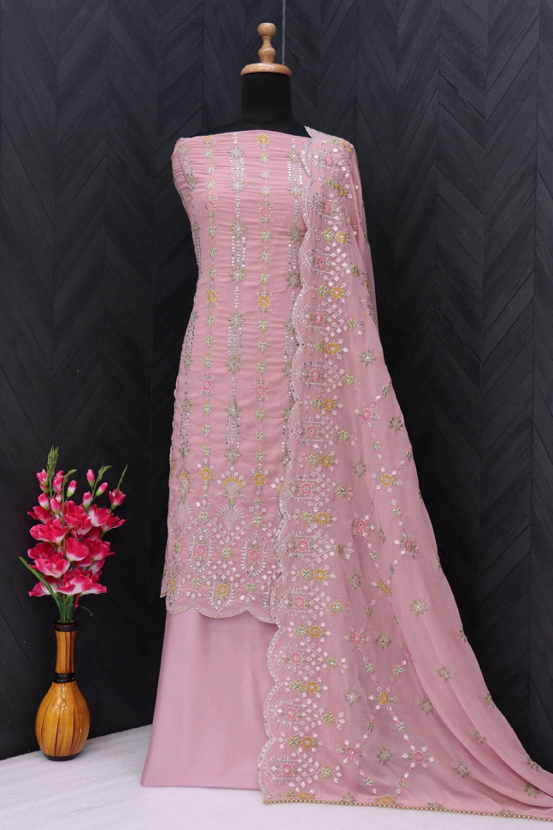 Heavy Faux Georgette Embroidery Work With Fancy Mirror And Stone Work Designer Suit