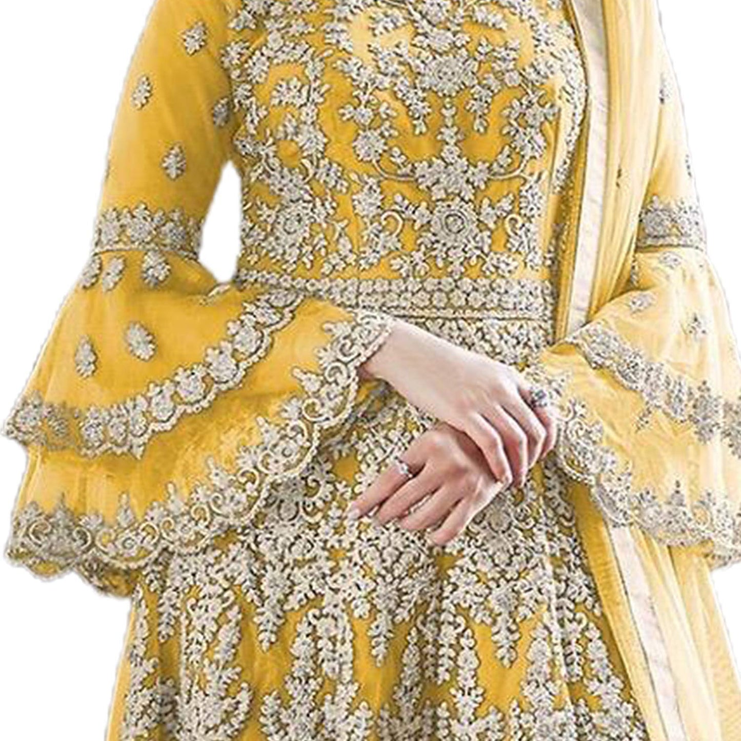 Women's Yellow Net Semi Stitched Top With Stitched Bottom and Dupatta Embroidered Dress Material Flared Top