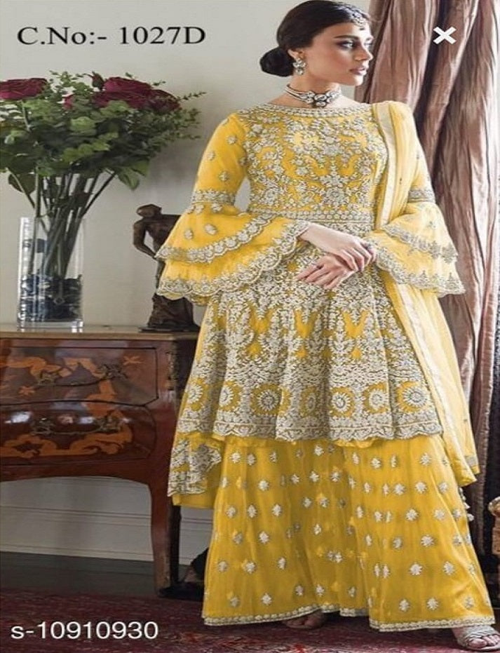 Women's Yellow Net Semi Stitched Top With Stitched Bottom and Dupatta Embroidered Dress Material Flared Top