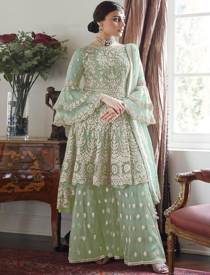 Women's Pista Net Semi Stitched Top With Stitched Bottom and Dupatta Embroidered Dress Material Flared Top