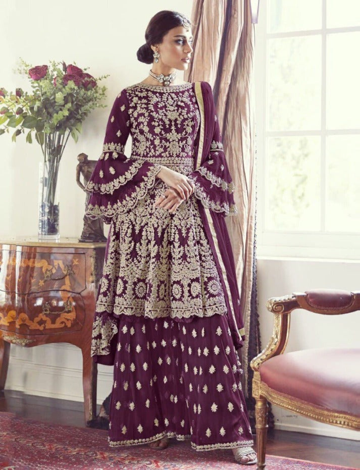 Women's Grey Net Semi Stitched Top With Stitched Bottom and Dupatta Embroidered Dress Material Flared Top