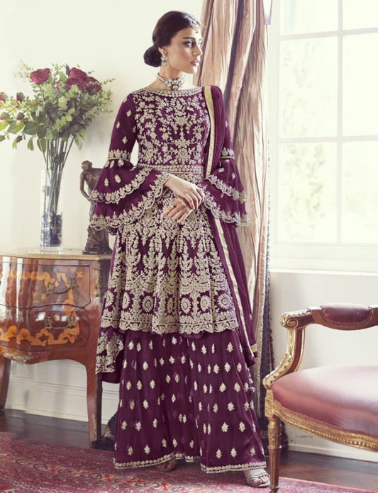 Women's Wine Net Semi Stitched Top With Stitched Bottom and Dupatta Embroidered Dress Material Flared Top