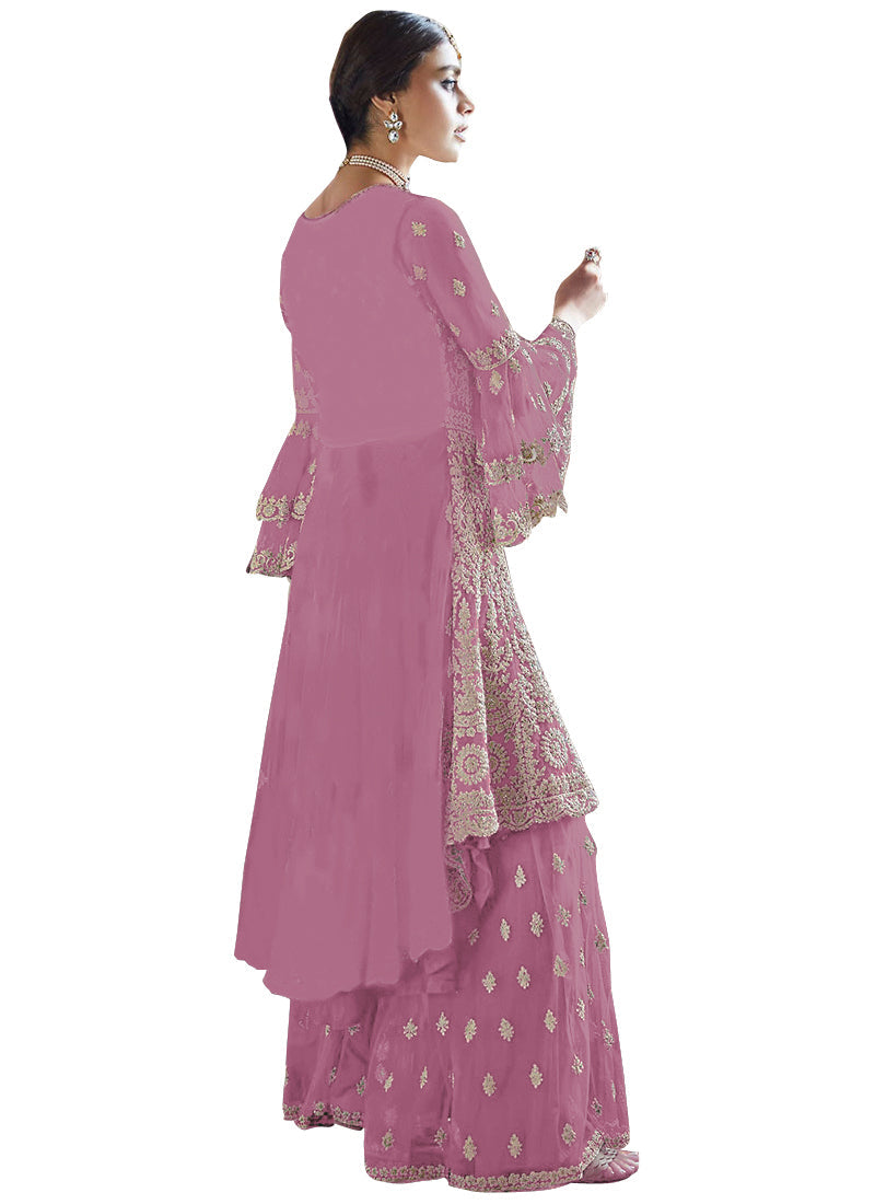 Women's Maroon Net Semi Stitched Top With Stitched Bottom and Dupatta Embroidered Dress Material Flared Top