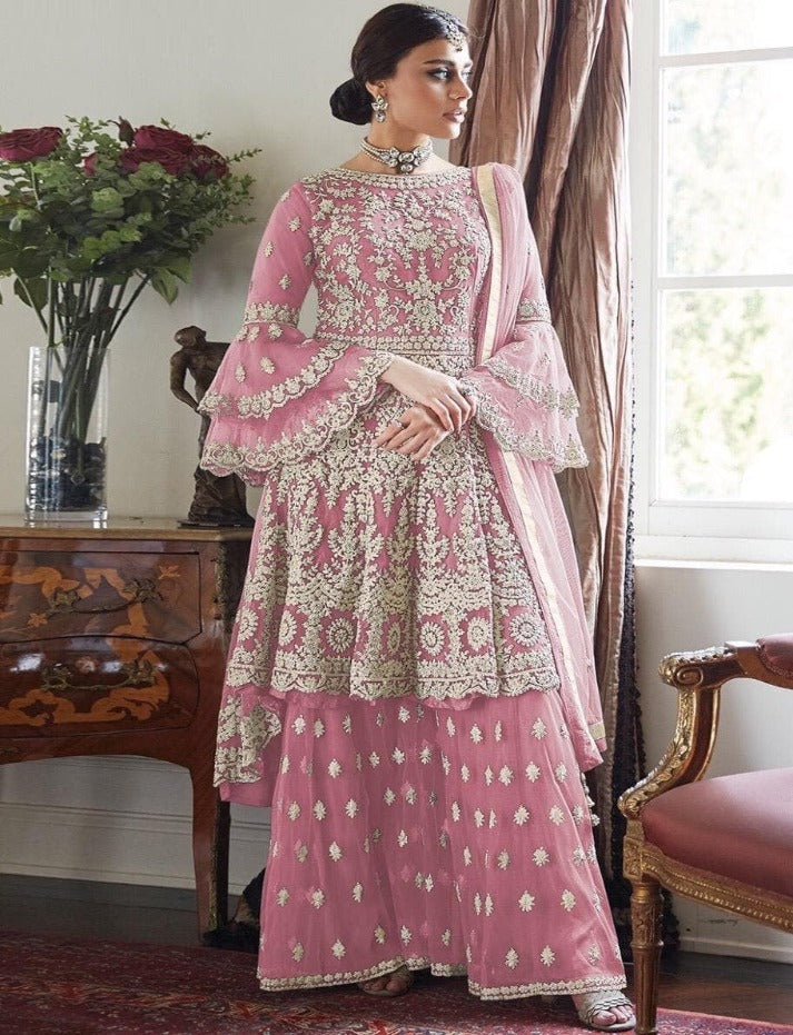 Women's Rama Net Semi Stitched Top With Stitched Bottom and Dupatta Embroidered Dress Material Flared Top