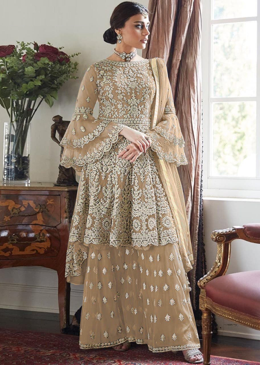 Women's Yellow Net Semi Stitched Top With Stitched Bottom and Dupatta Embroidered Dress Material Flared Top