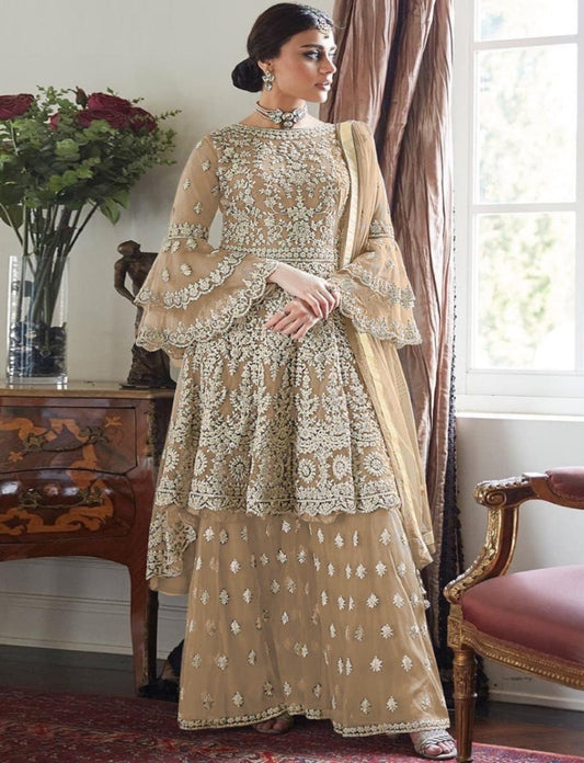 Women's Beige Net Semi Stitched Top With Stitched Bottom and Dupatta Embroidered Dress Material Flared Top