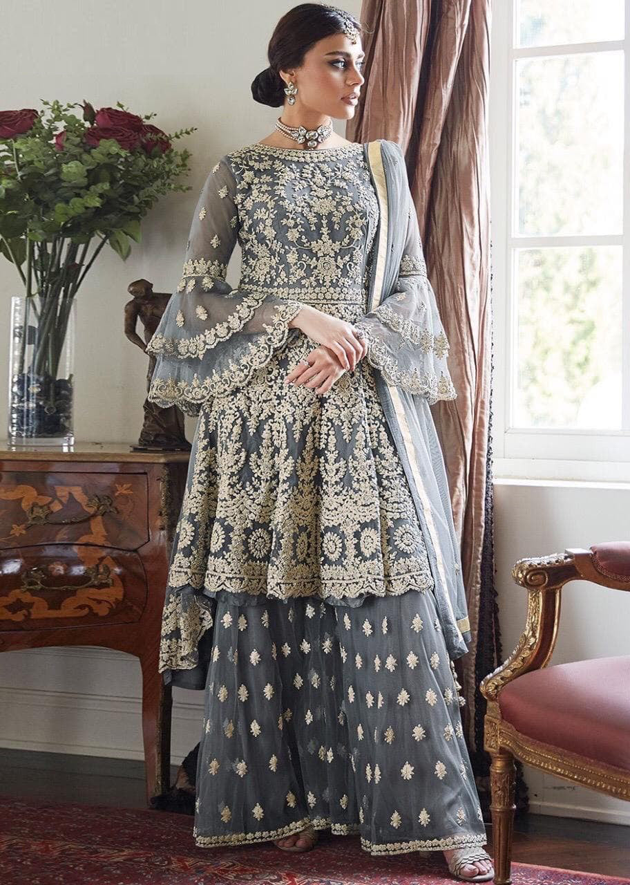 Women's Pista Net Semi Stitched Top With Stitched Bottom and Dupatta Embroidered Dress Material Flared Top