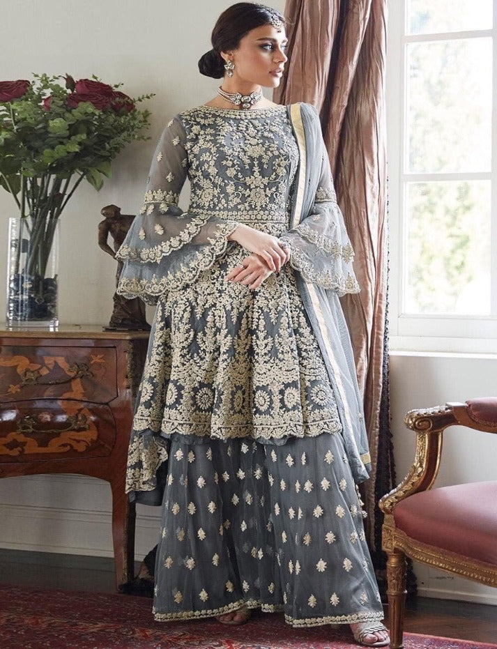 Women's Grey Net Semi Stitched Top With Stitched Bottom and Dupatta Embroidered Dress Material Flared Top