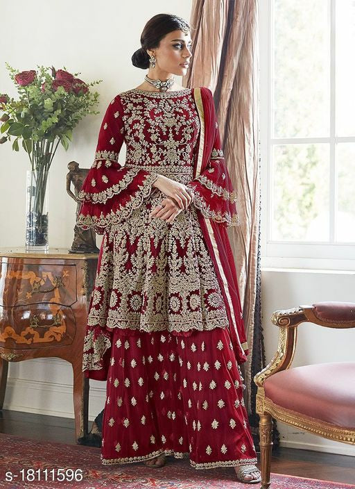 Women's Wine Net Semi Stitched Top With Stitched Bottom and Dupatta Embroidered Dress Material Flared Top