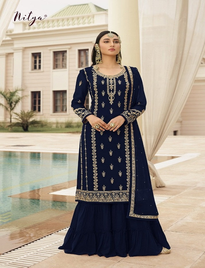 Blue Partywear Designer Embroidered With Sequins Work Georgette Palazzo Suit