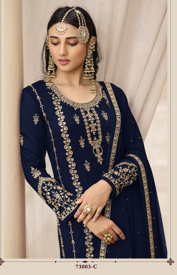 Blue Partywear Designer Embroidered With Sequins Work Georgette Palazzo Suit