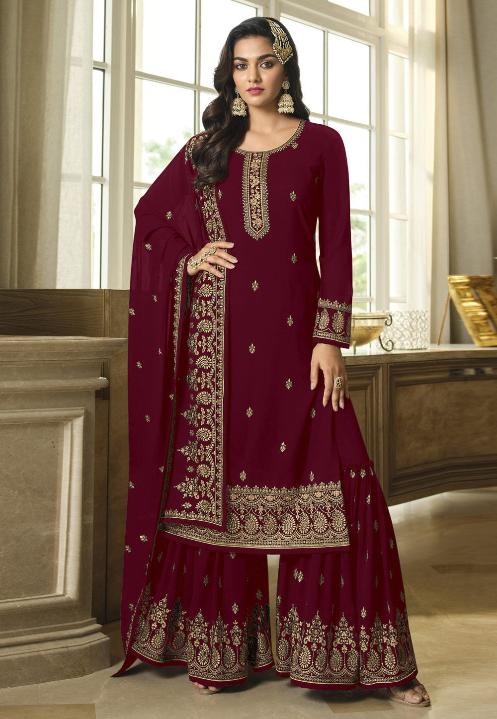 Pakistani Style Sarara Salwar Kameez Plus Size Embroidery  Long Sleeve Salwar Suit For Womens