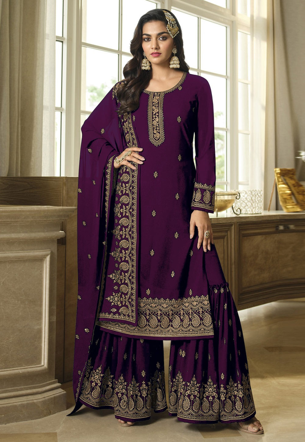 Pakistani Style Sarara Salwar Kameez Plus Size Embroidery  Long Sleeve Salwar Suit For Womens