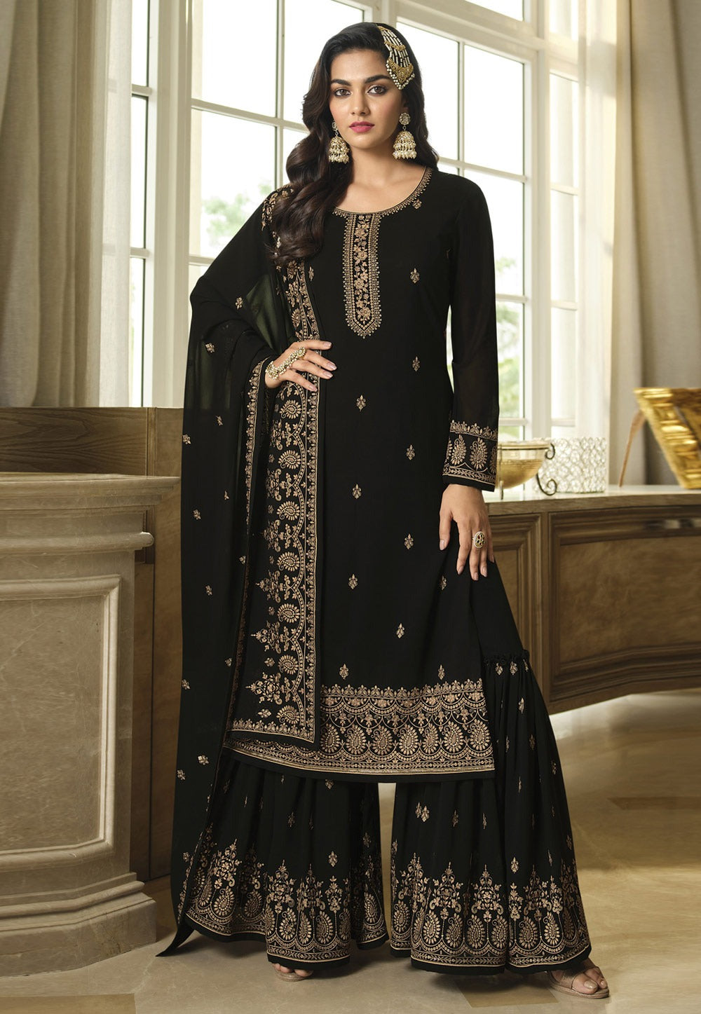 Pakistani Style Sarara Salwar Kameez Plus Size Embroidery  Long Sleeve Salwar Suit For Womens