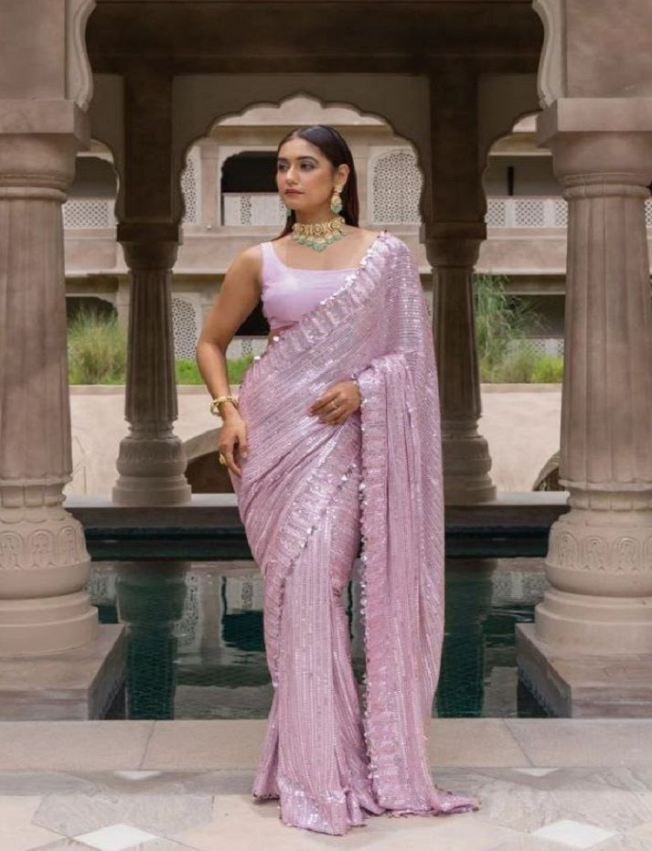 Pink Stylish Bollywood Designer Georgette Sequins Embroidery Work Saree For Womens