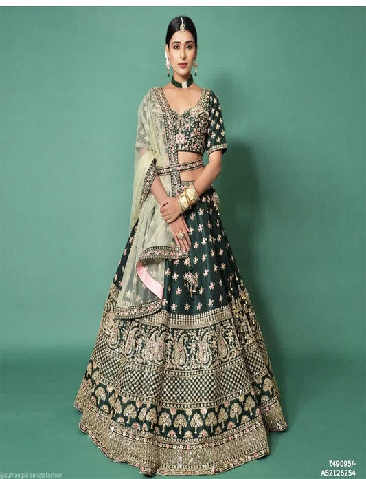 Bottle Green Designer Zari Embroidery Work Satin Semi-Stitched Lehenga Choli For Women & Girl's Wedding and Festival Wear