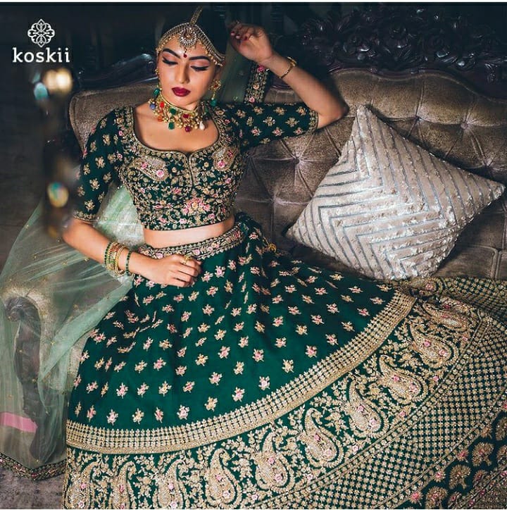 Bottle Green Designer Zari Embroidery Work Satin Semi-Stitched Lehenga Choli For Women & Girl's Wedding and Festival Wear