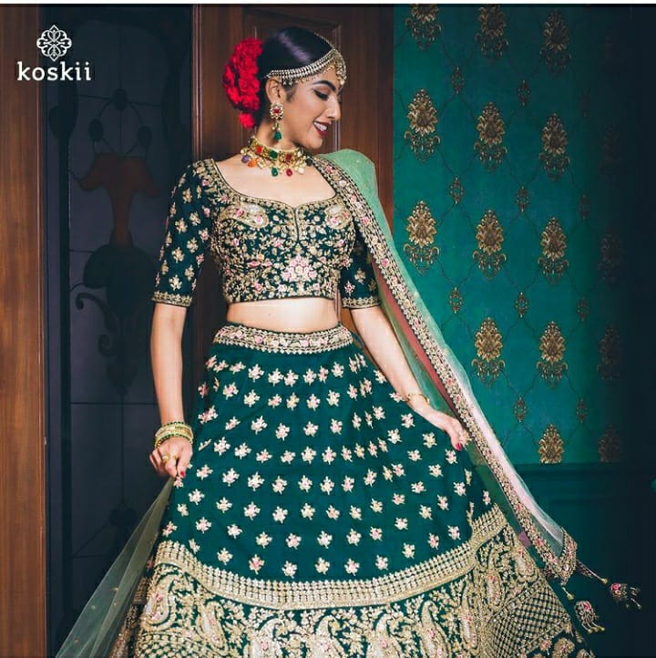 Bottle Green Designer Zari Embroidery Work Satin Semi-Stitched Lehenga Choli For Women & Girl's Wedding and Festival Wear