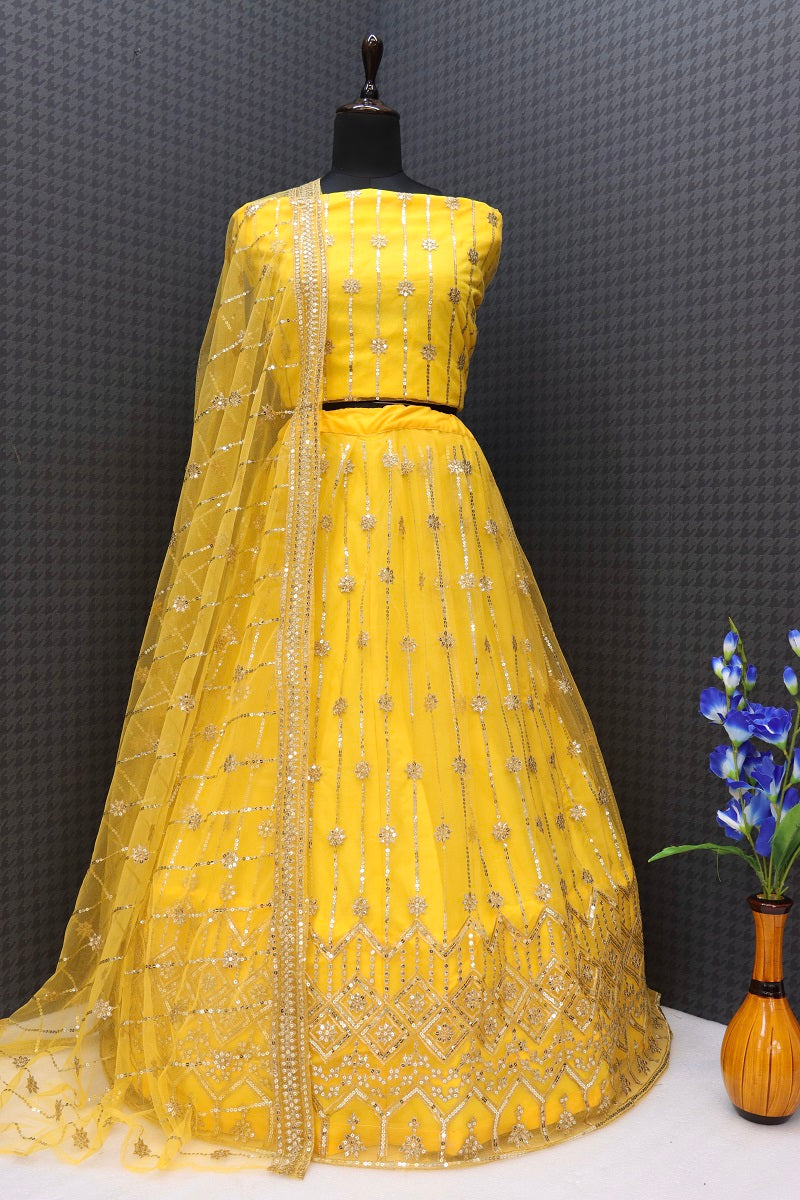 Yellow Coloured Sequence Work Butterfly Net Lehenga Choli