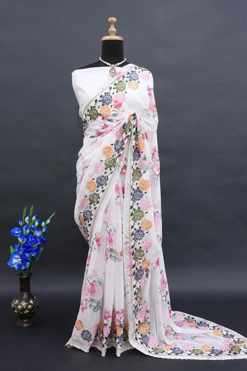 Womens And Girls Heavy Soft Georgette Flowers Digital print Fabric Saree With Sequance embroidery c-pallu work