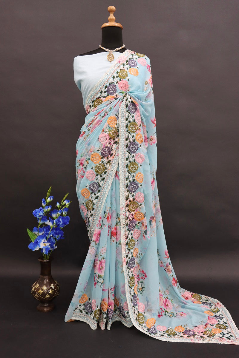 Womens And Girls Heavy Soft Georgette Flowers Digital print Fabric Saree With Sequance embroidery c-pallu work