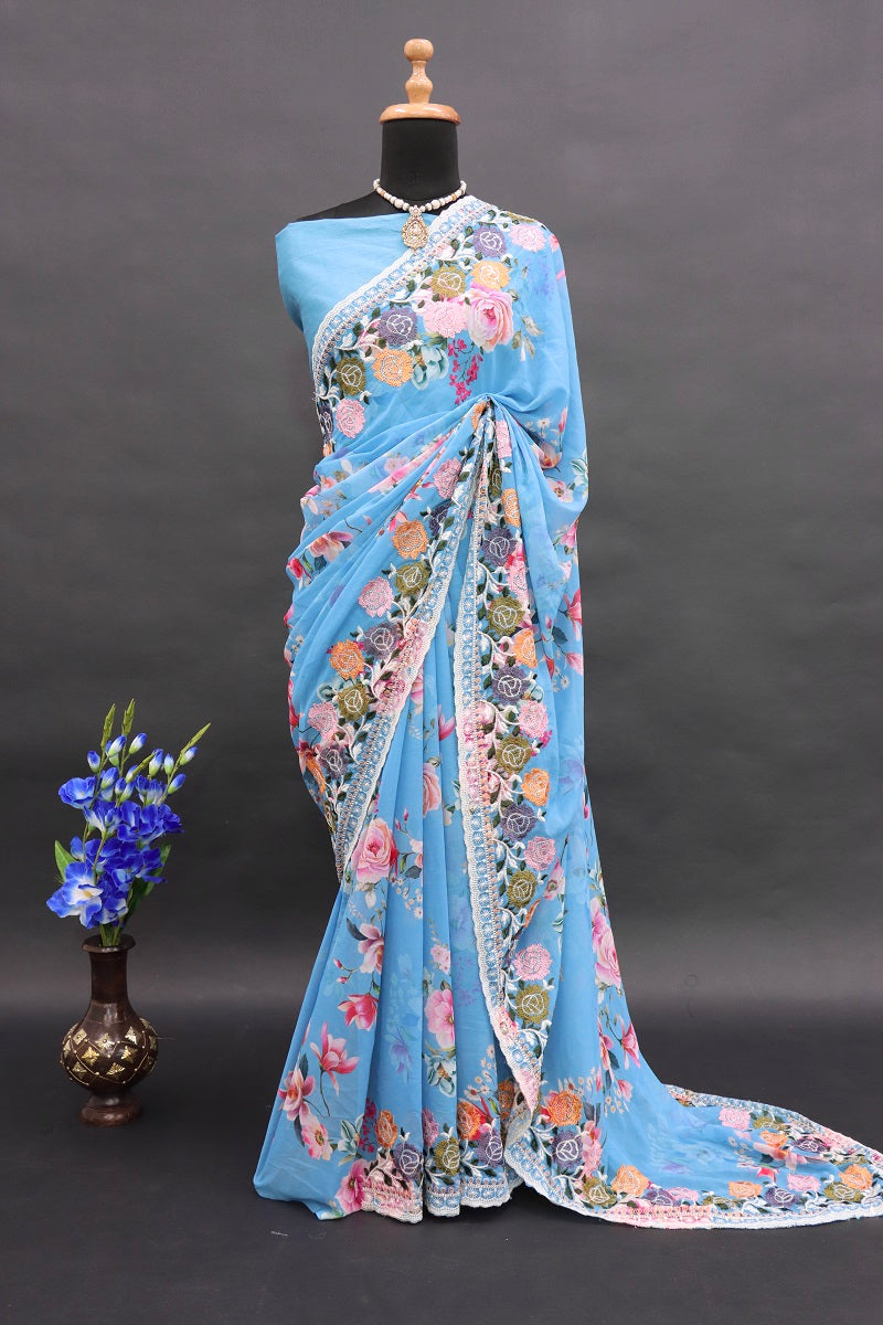 Womens And Girls Heavy Soft Georgette Flowers Digital print Fabric Saree With Sequance embroidery c-pallu work