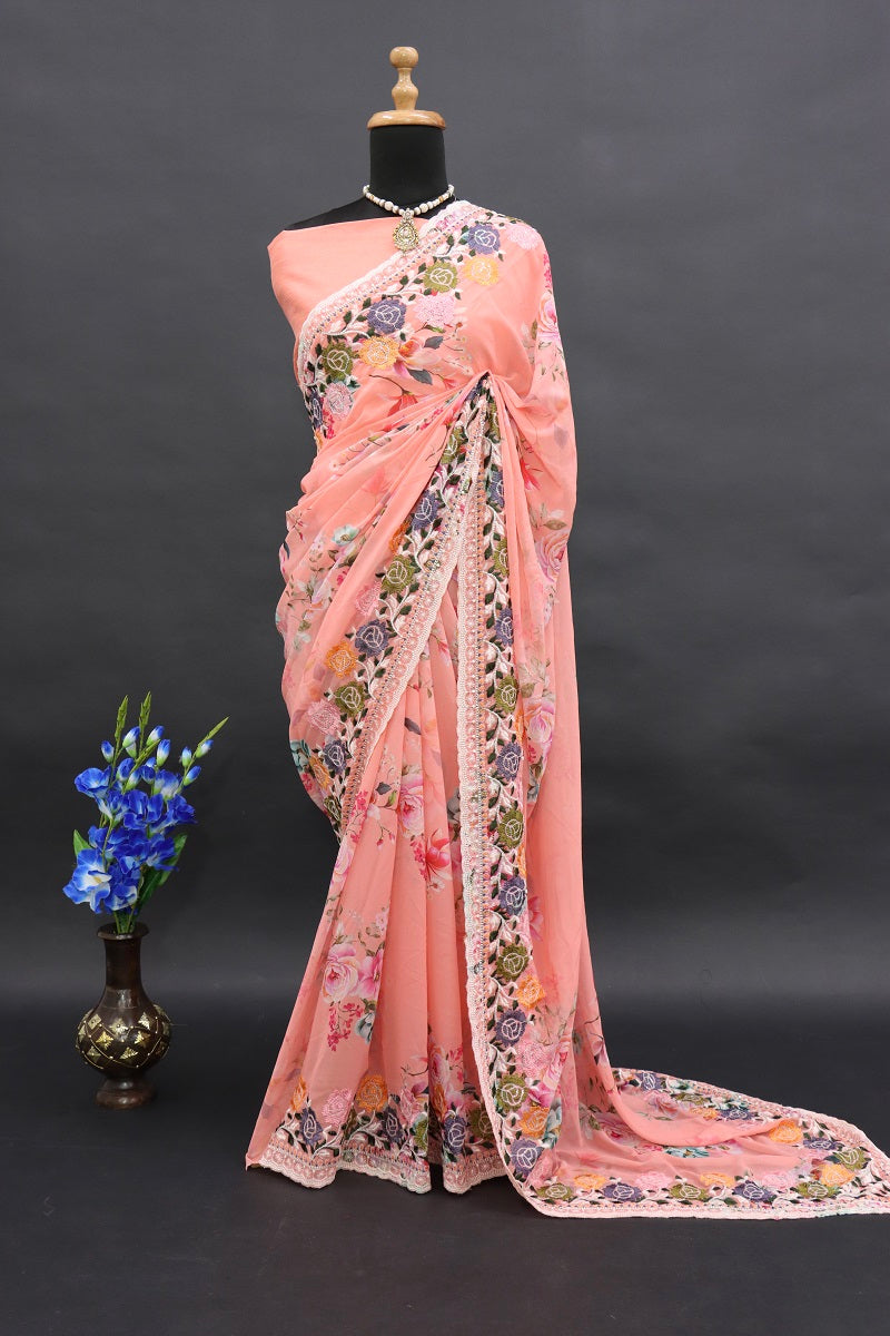 Womens And Girls Heavy Soft Georgette Flowers Digital print Fabric Saree With Sequance embroidery c-pallu work