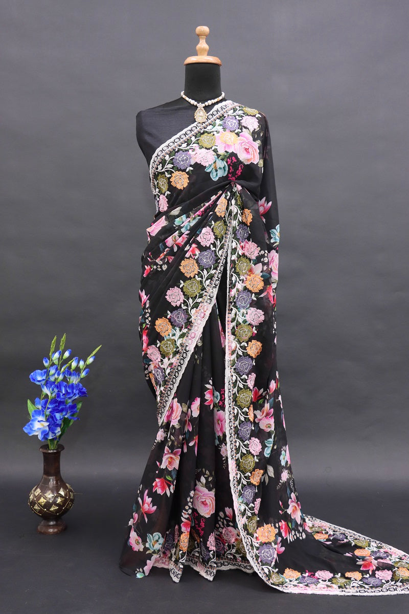 Womens And Girls Heavy Soft Georgette Flowers Digital print Fabric Saree With Sequance embroidery c-pallu work