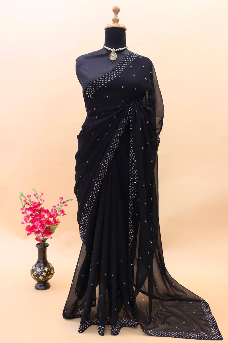 Black Beautiful Fancy Siroski Work Gorgeous Casual Party Wear Saree For Womens