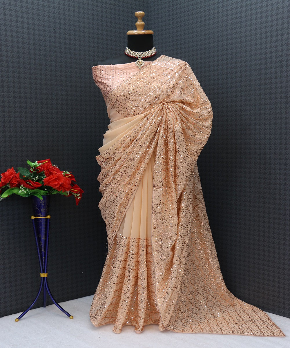 Cream Faux Georgette Thread With Sequence Work Sarees With Unstitched Tafeta Silk Blouse Piece