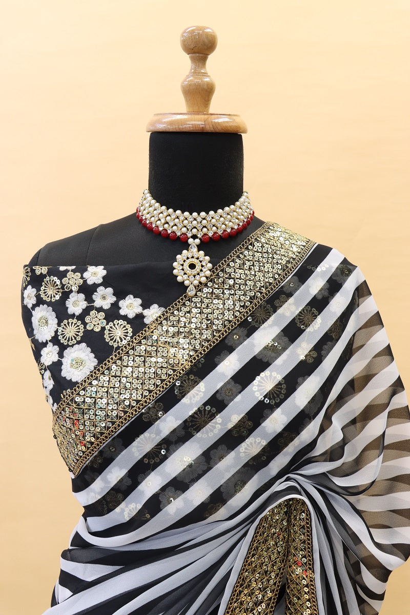 Premium Soft Faux Georgette Black and White Lining Zebra Print Saree with Blouse