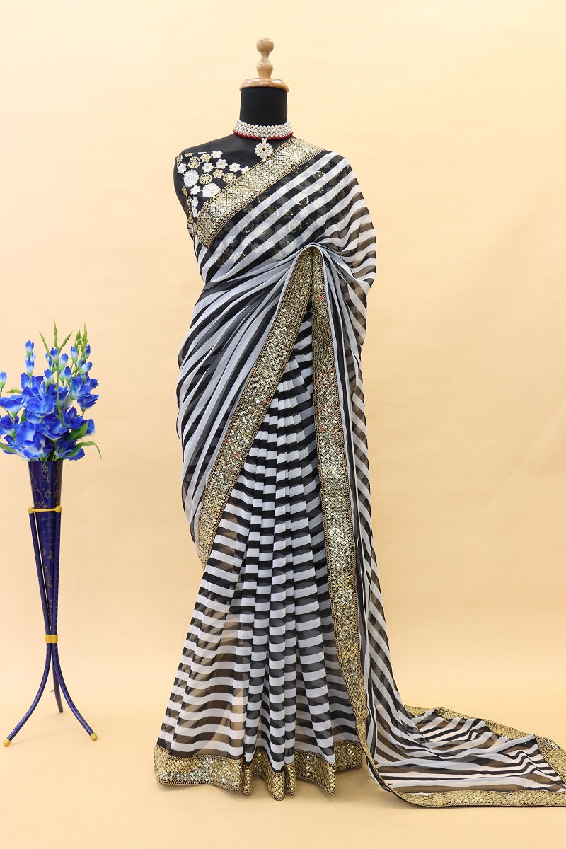 Premium Soft Faux Georgette Black and White Lining Zebra Print Saree with Blouse