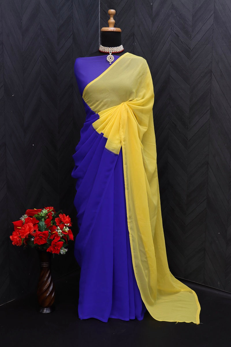 Women's Blue & Yellow Soft Pure Georgette Designer Stitch Joint Pallu Saree with Unstitched Blouse