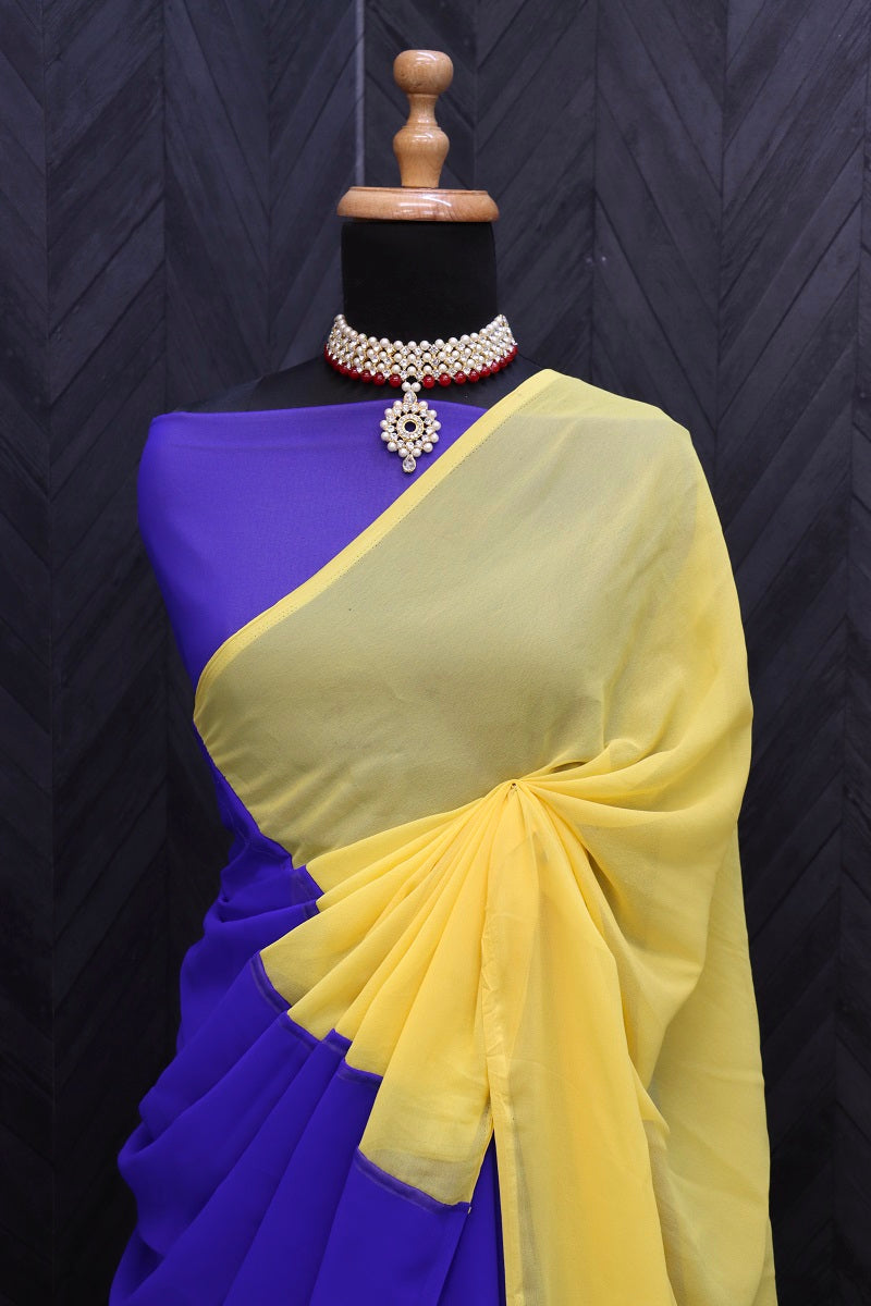 Women's Blue & Yellow Soft Pure Georgette Designer Stitch Joint Pallu Saree with Unstitched Blouse