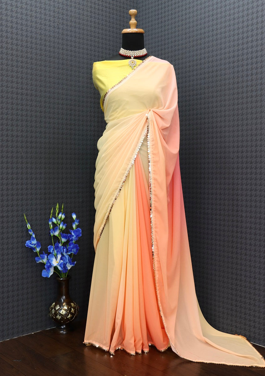 Exclusive Alia inspired designer Bollywood saree In yellow, Attractive Georgette Saree With Fancy Lace Border partywear, Casual Saree