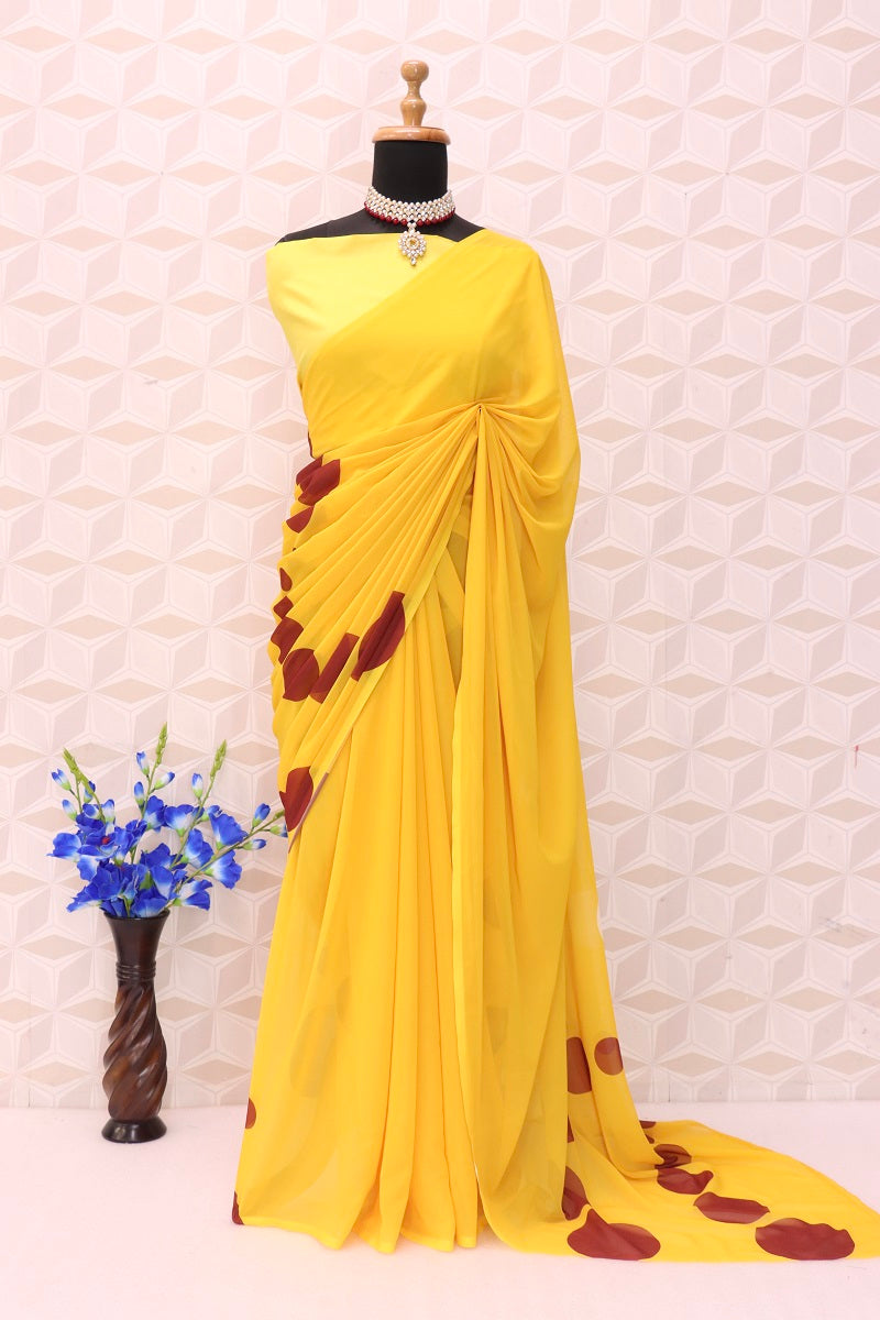 Women's Yellow Beautiful Digital Printed Faux Georgette Saree With Satin Silk Unstitched Blouse