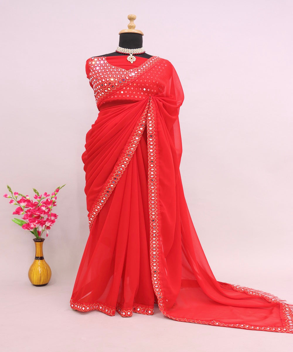 Red Saree for Womens Bollywood Style with Beautiful Embrodery Therd Real Mirror and Moti Work