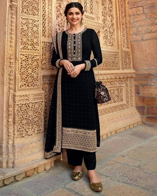 Black Women Embroidered Semi-Stitched Dress Material with Dupatta Set