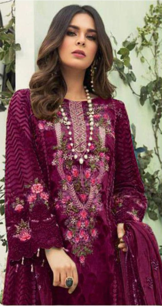 Wine Designer Party Wear Fox Georgette Embroidered Pakistani Salwar Kameez Suit With Duaptta