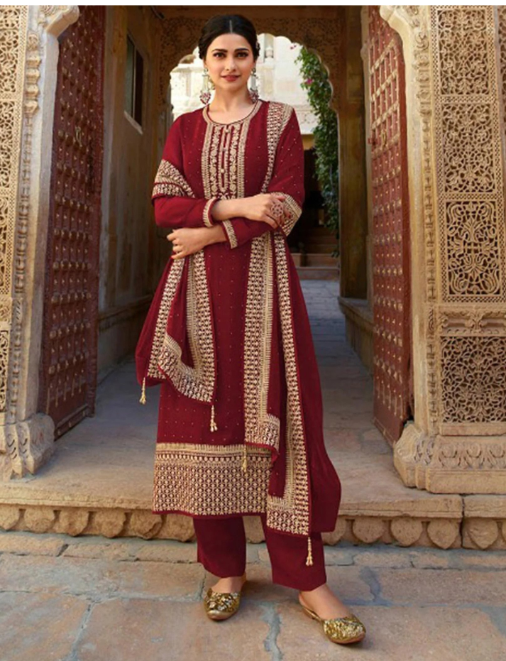 Maroon Women Embroidered Semi-Stitched Dress Material with Dupatta Set