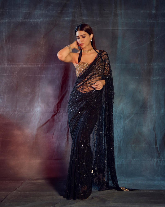 Beautiful Black Mono Net Embroidary And Sequence Work Saree With Sequence Worked Blouse