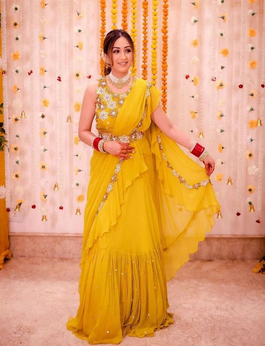 Yellow Designer Ruffles Indian Sarees For Wedding Mehendi Sangeet Bridesmaids Reception Cocktail Party Wear, Stitched Ready To Wear Saree