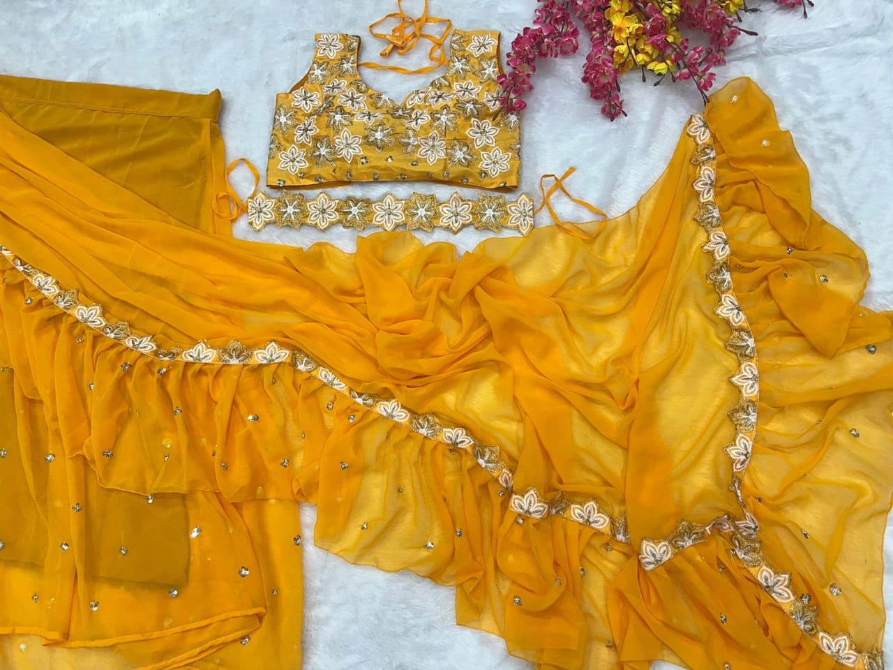 Yellow Designer Ruffles Indian Sarees For Wedding Mehendi Sangeet Bridesmaids Reception Cocktail Party Wear, Stitched Ready To Wear Saree