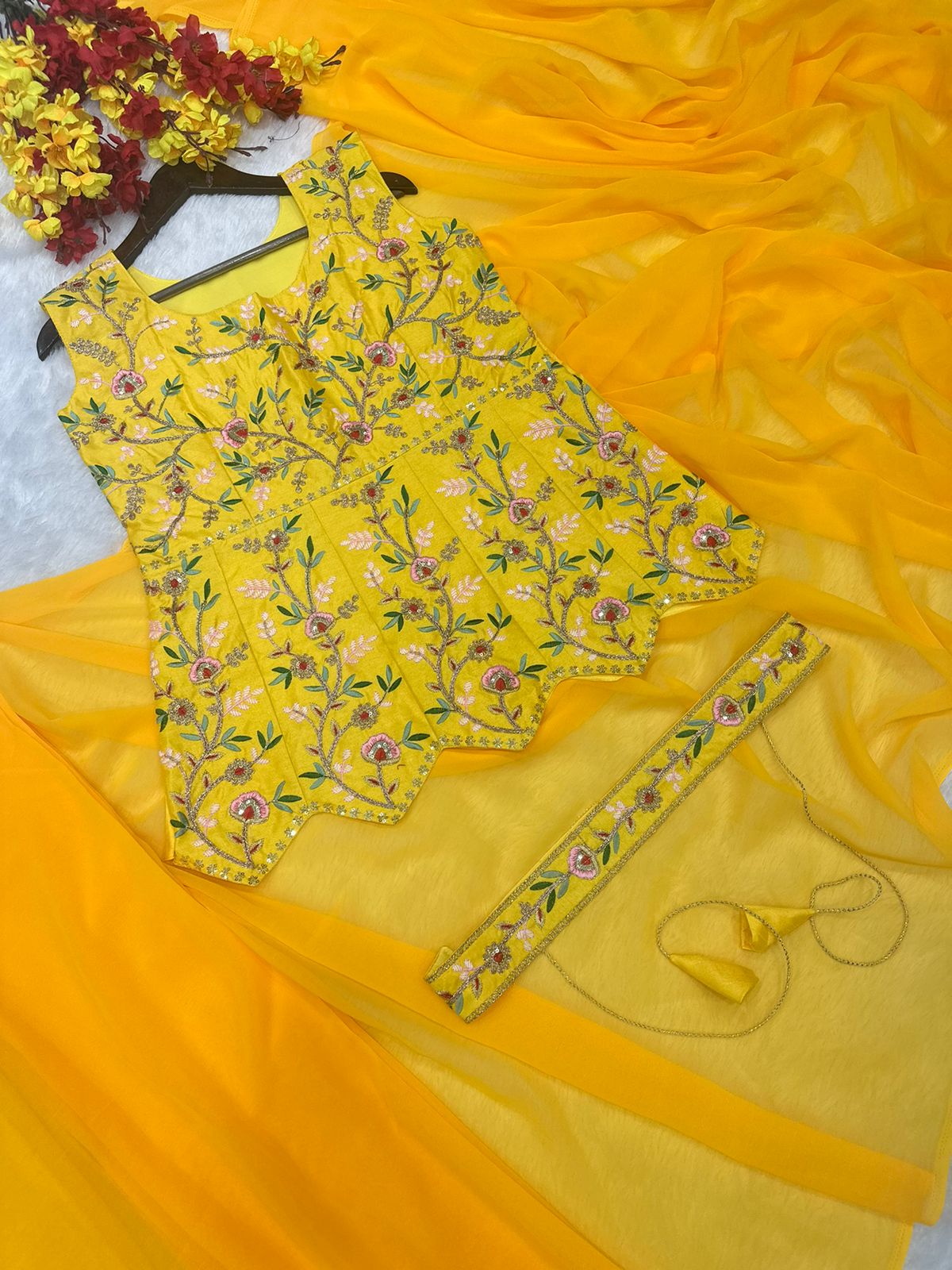 Yellow Lehenga Saree For Womens Soft Georgette Fabric Haldi Rasam New Super Trending Embroidery cording work lahenga Saree With Koti