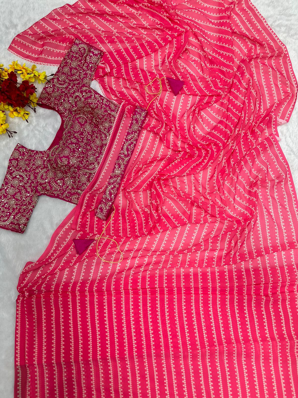 PINK GEORGETTE DEGITAL PRINT READY TO WEAR SAREE WITH EMBROIDERY BELT & DESIGNER STITCHED BLOUSE